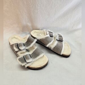 Birkenstock Arizona Shearling Sandals Size 36 Gray Suede Fur Buckle New